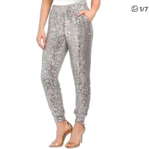 Cable & Gauge Glittering Silver Sequin Joggers